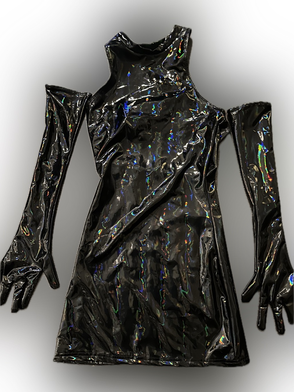 Club Exx Black Holographic Mini Dress with Matching Gloves